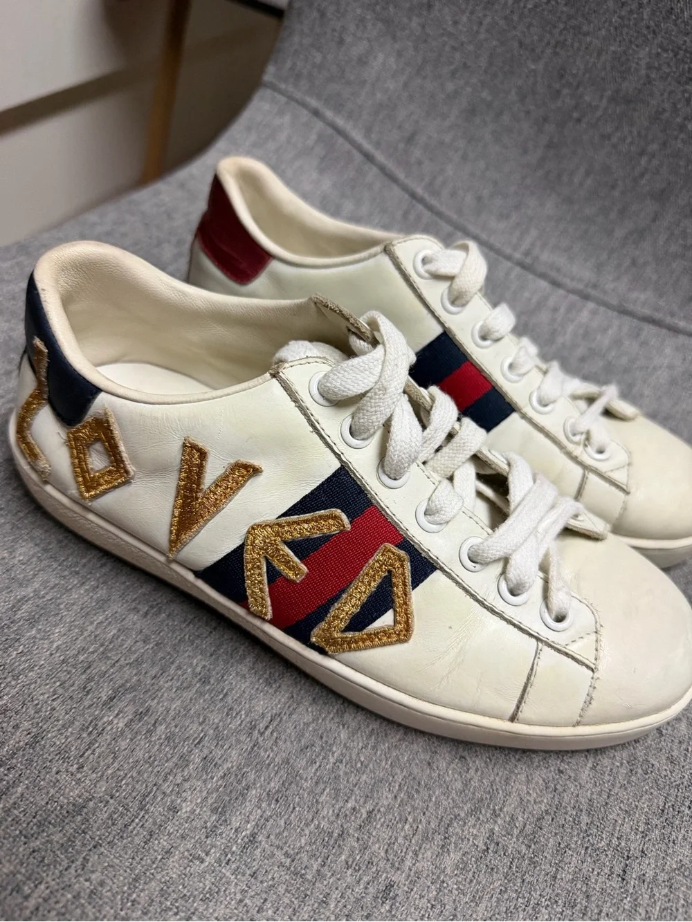 White Leather 'Loved' Low-Top Sneakers with Red & Blue Stripe